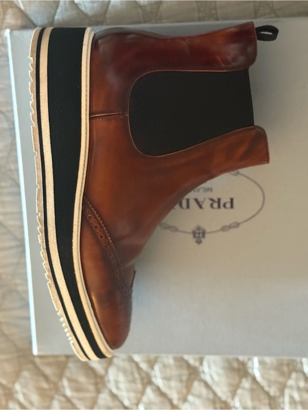 Prada Brown Leather Ankle Booties with Brogue Detailing